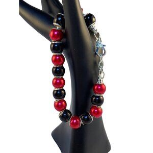 Silver Tone, Black And Red Beaded Snake Chain Bracelet (5462-1-2)